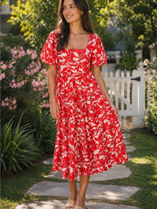 Meadow Rhodes Dresses & Skirts - Meadow Rhodes Floral Puff-Sleeve Midi Dress